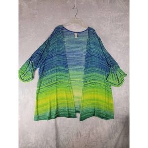 Catherines Cardigan Knit Green Blue Yellow Open Front Semi-sheer 2X Ring Sleeve